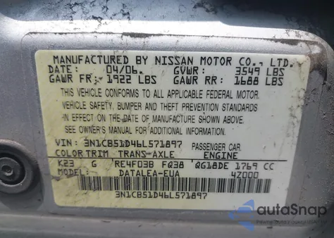 2006 Nissan Sentra 1.8S from USA, damaged, VIN 3N1CB51D46L571897